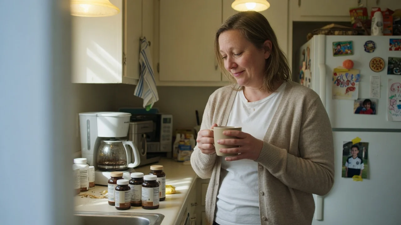 A woman in her late forties holding a coffee mug in her kitchen, looking at a row of supplement bottles on the counter