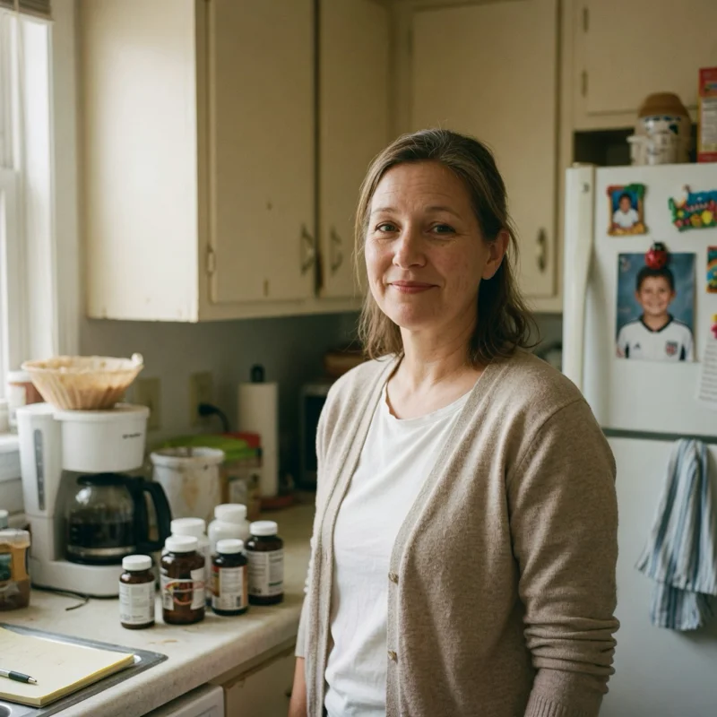Portrait-style photo representing Laura, a woman in her late forties standing in her kitchen